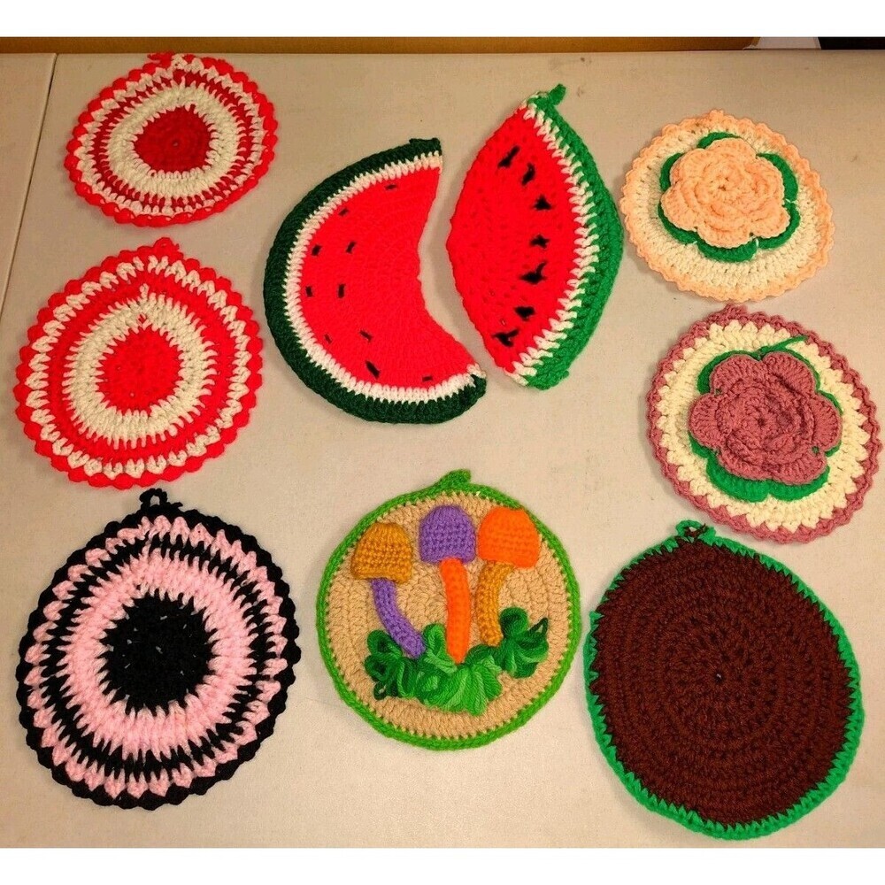 Vintage Crochet Potholder Lot (9) - Handmade Fruit, Mushroom & Floral Trivets